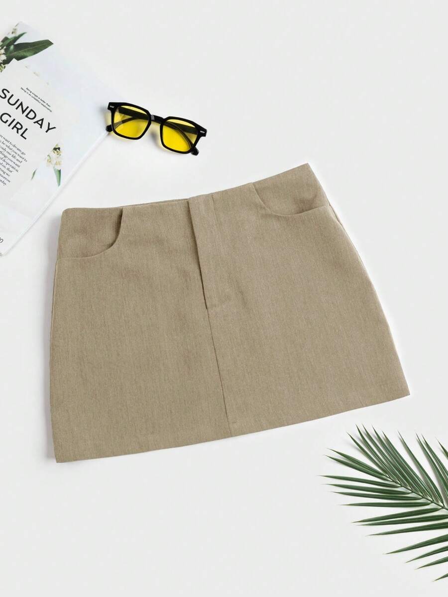 SHEIN EZwear 净色直筒裙 - 卡其色 - 查看 1