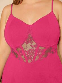 SHEIN Belle Plus Contrast Lace Split Thigh Cami Dress - Hot Pink - View 4