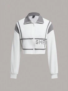 VARSITIE Đồ họa Chữ cái Contrast Piping Thả vai Mùa vụ Jacket thể thao - trắng - Xem 6