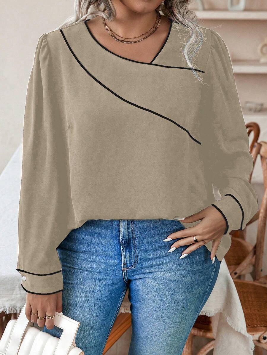 Calvaya Plus Size Contrast Trim Button Up Shirt - Khaki - View 1