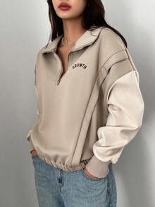 DAZY Của phụ nữ Nửa Zip Thả vai Áo nỉ - Màu Khaki - Xem 2