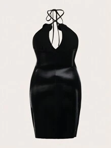 SHEIN ICON 大碼3D玫瑰鏤空高衩掛脖洋裝 - 黑色 - 查看 2