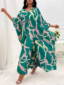 SHEIN Lady Printed Dolman Sleeve Slit Top And Pants Two-piece Set - Green - View 3