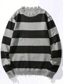 Jersey casual de cuello redondo con rayas y color contrastante para hombre - Gris - Ver 1