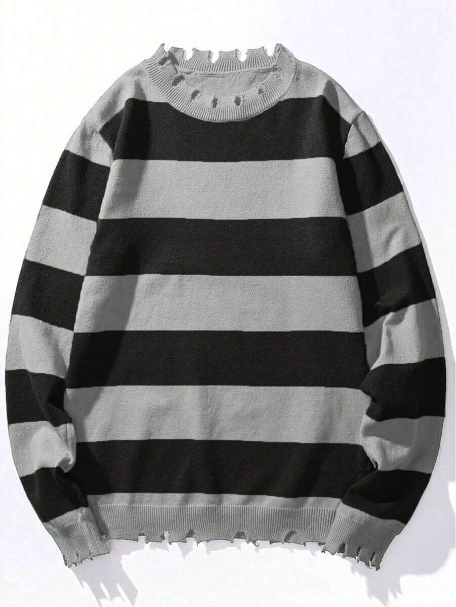 Jersey casual de cuello redondo con rayas y color contrastante para hombre - Gris - Ver 1