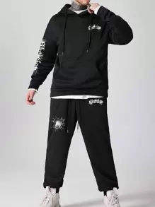 ROMWE MEN Goth Men's Hooded Sweatshirt And Sweatpants 2 Piece Set With Letter Print And Drawstring - Black - View 3