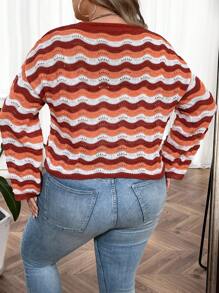 SHEIN CURVE+ Plus Chevron Pattern Drop Shoulder Cardigan - Orange - View 2