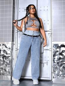 SHEIN ICON Plus Size Dual Waistband Design Denim Jeans - Blue - View 4