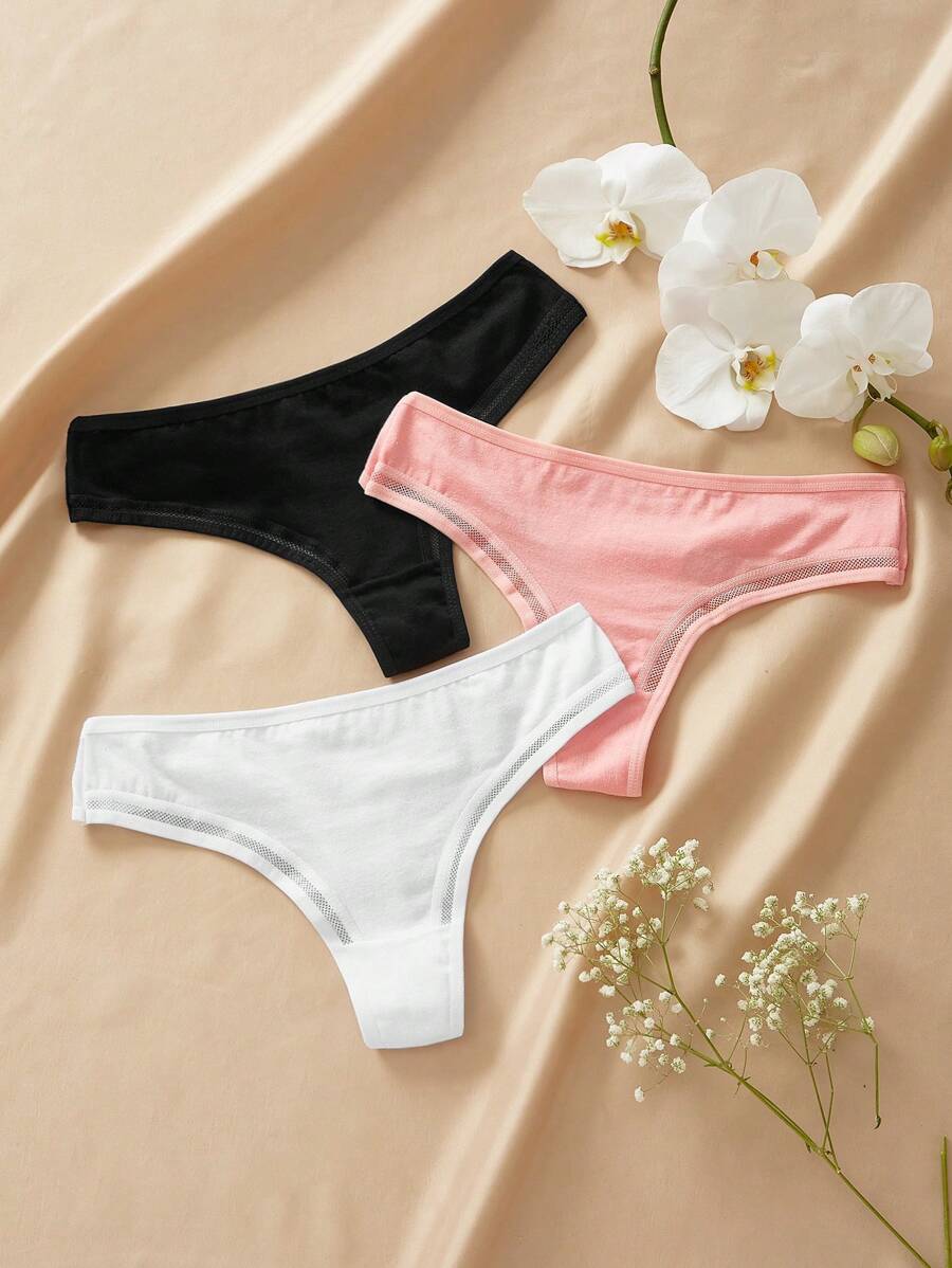 女士高弹力纯色丁字裤休闲多色3条装丁字裤内裤 - 彩色 - 查看 1