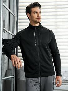 Manfinity Sport Corelite Boyfriend Style Men's Letter Print Zip-Front Raglan Sleeve Sports Jacket With Front Pockets Workout Tops