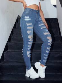 SHEIN Essnce Ripped Raw Hem Skinny Jeans Ripped Jeans - Medium Wash - View 1