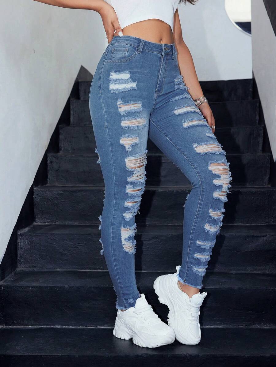 SHEIN Essnce Rách Raw Hem Quần jean ôm - Rửa trung bình - Xem 1
