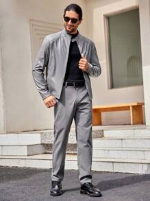 Manfinity VCAY Áo khoác trơn có khóa kéo thường ngày cho nam mùa thu, mùa đông - Xám - Xem 3