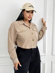 SHEIN EZwear Hơn Túi có nắp Vải to sợi Áo khoác - Màu Khaki - Xem 5