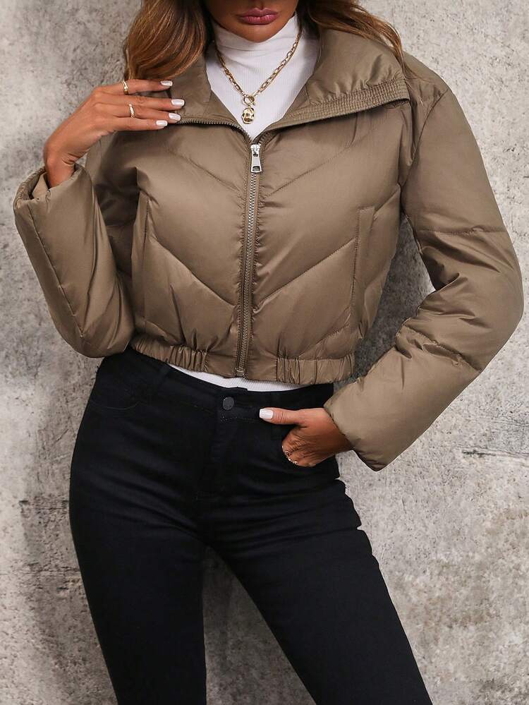Quilted Puffer Jacket With Diagonal Pockets And Zipper Front Fall Cloth For Women