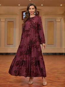 Mulvari 花卉印花锁孔领荷叶边下摆端庄长袖连衣裙 - 紅色 - 查看 4