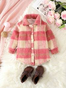 女嬰休閒帶格紋粉色羊毛外套 - 粉色 - 查看 1
