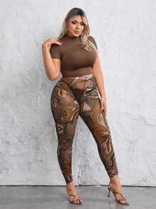 SHEIN SXY 大碼小高領T恤和滿版印花緊身打底褲 - 棕色 - 查看 1