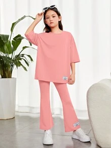 SHEIN Tween Girl Slogan Graphic Drop Shoulder Tee & Flare Leg Pants - Pink - View 2