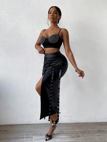 SHEIN SXY Cao eo Thùa khuyết Chi tiết khóa Túi có nắp Tách đùi Váy - màu đen - Xem 5