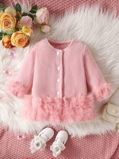 嬰兒女孩素色長毛絨珍珠鈕扣網紗荷葉蕾絲邊長袖濃烈香調&可愛夾克,柔軟的&舒服的,合適的適合春天,秋天,冬天