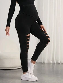 SHEIN Maternidad Leggings desgarro de talle alto - Negro - Ver 6