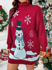 Celure Plus Christmas Snowman Pattern Turtleneck Drop Shoulder Sweater Dress - Red - View 1