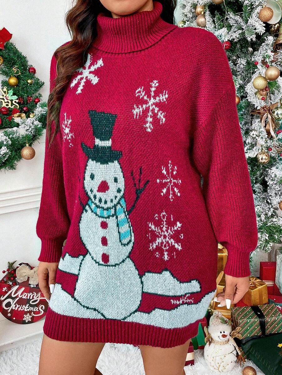 Celure Plus Christmas Snowman Pattern Turtleneck Drop Shoulder Sweater Dress - Red - View 1