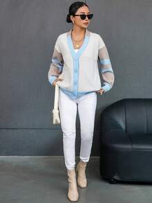 SHEIN Essnce Women's Color Block Drop Shoulder Cardigan With Front Button-up - Multicolor - View 3