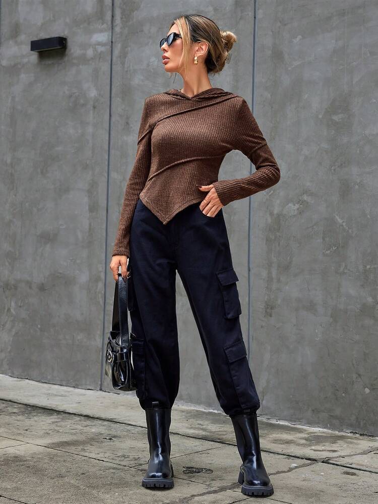 Solid Asymmetrical Hem Hooded Tee