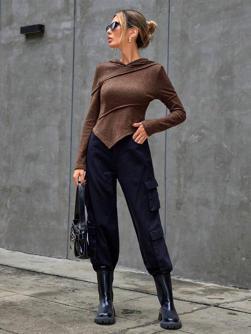 Solid Asymmetrical Hem Hooded Tee