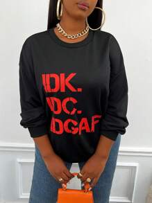 Slaydiva Plus Letter Graphic Drop Shoulder Sweatshirt - Black - View 1