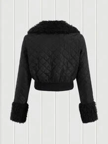 SHEIN EZwear Áo khoác độn bông chắp vá có khóa kéo cho nữ - màu đen - Xem 2