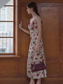 Simple Retro Polyester In Cổ vuông Trượt Dài Đầm - Màu Hoa hồng đỏ - Xem 4