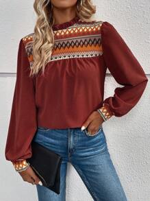 EMERY ROSE Lantern Sleeve Plaid Pattern Shirt - Redwood - View 6