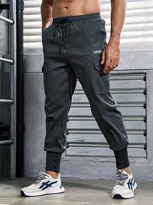 Manfinity Sport Corelite Men's Letter Print Drawstring Jogger Pants With Cargo Pockets