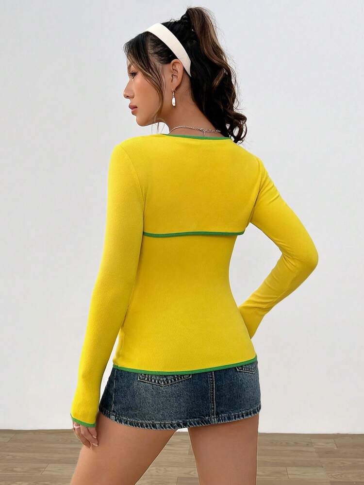 Women's Letter Embroidery Trim Long Sleeve Crop Top With Short Tank Top Set