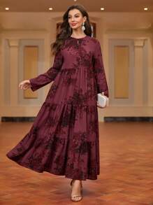 Mulvari 花卉印花锁孔领荷叶边下摆端庄长袖连衣裙 - 紅色 - 查看 3