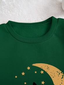 SHEIN Essnce Cat And Moon Printed Fleece Sweatshirt - Dark Green - View 4