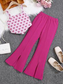 Tween Girls' Sweet & Cool Knitted Halter Top With Solid Color Long Pants For Daily Wear - Hot Pink - View 1
