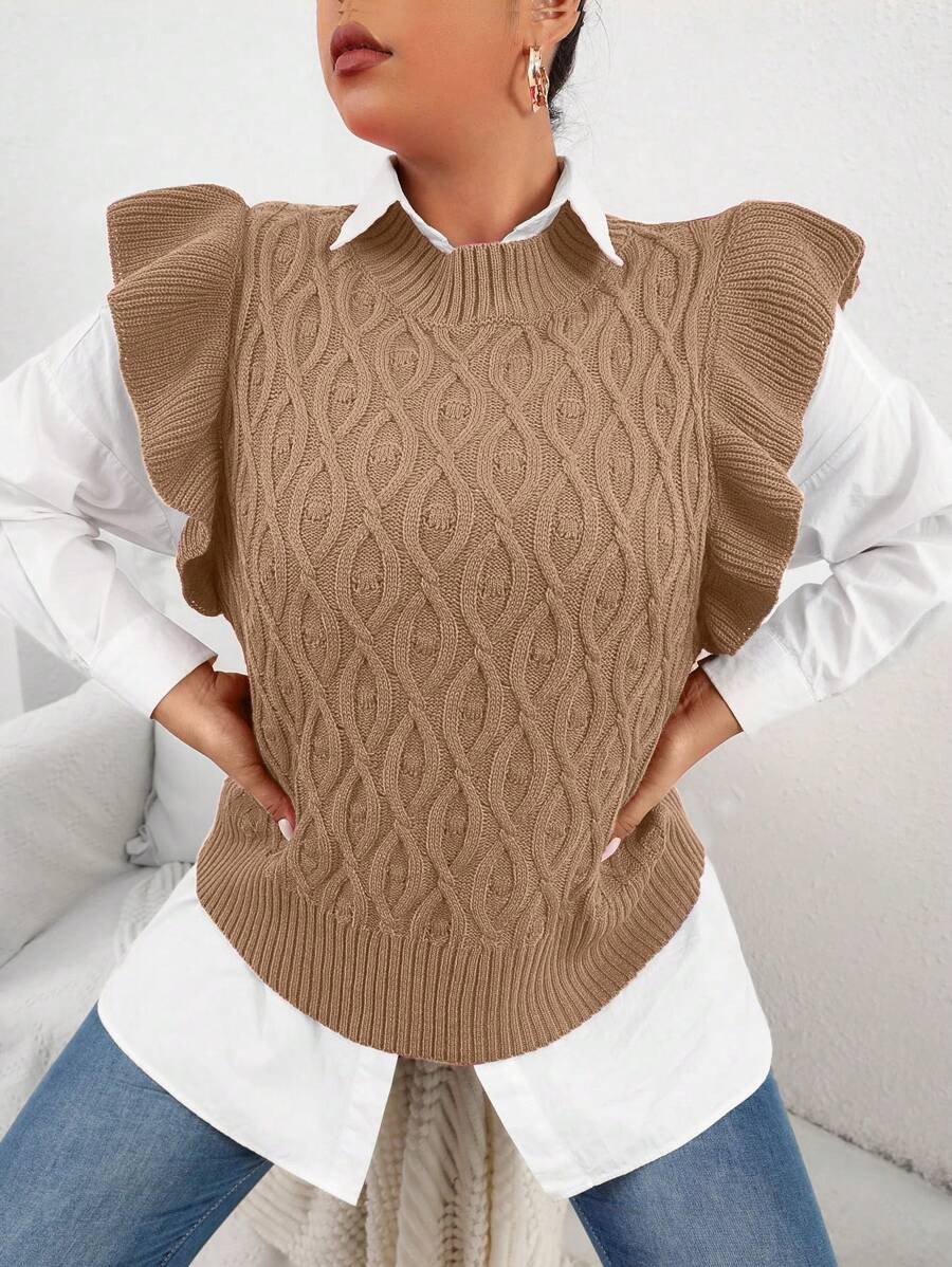 Celure Áo dệt kim trơn có viền xếp nếp dành cho nữ Plus Size - Màu Khaki - Xem 1