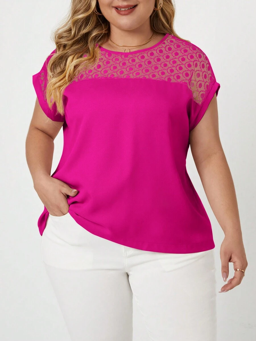 SHEIN Clasi Plus Size Women's Lace Spliced Shirt - Red Violet - View 1
