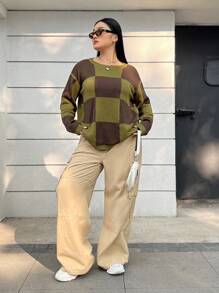 SHEIN Unity Plus Size Grid Pattern Pullover Sweater - Multicolor - View 3