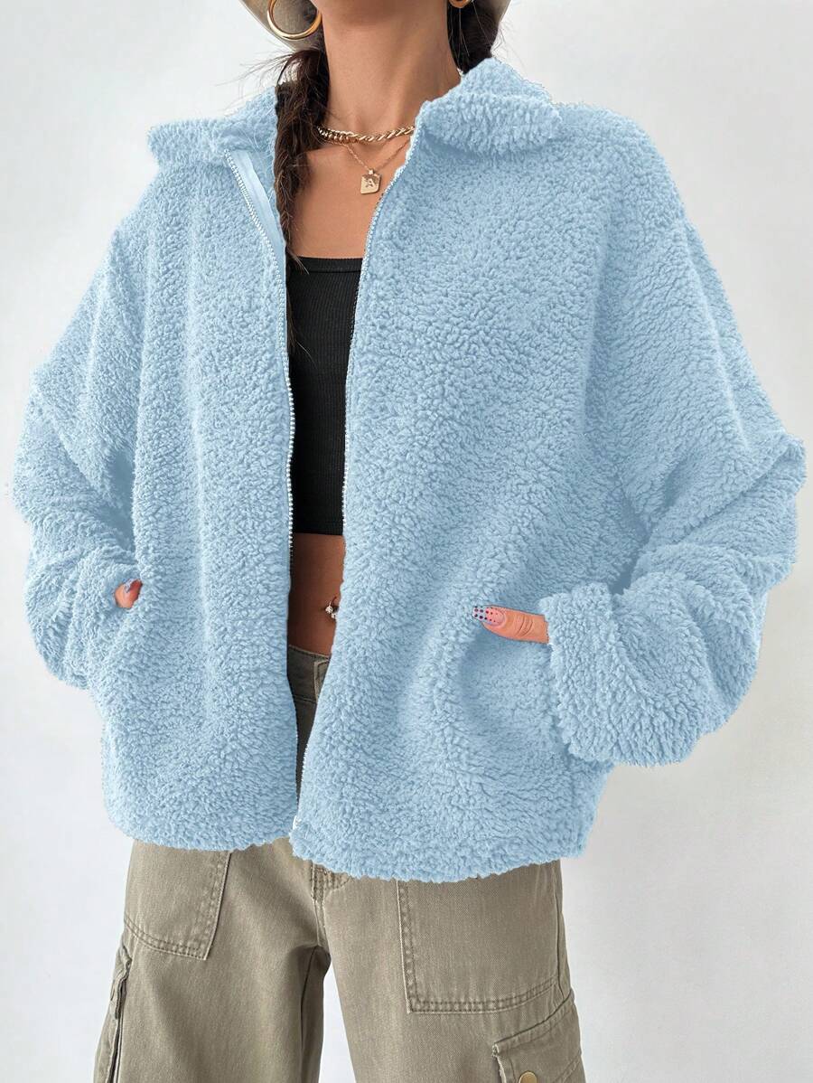 RueChic Drop Shoulder Zip-Front Teddy Coat - Baby Blue - View 1