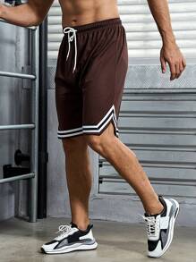 男士束口條紋運動短褲 - 棕色 - 查看 1
