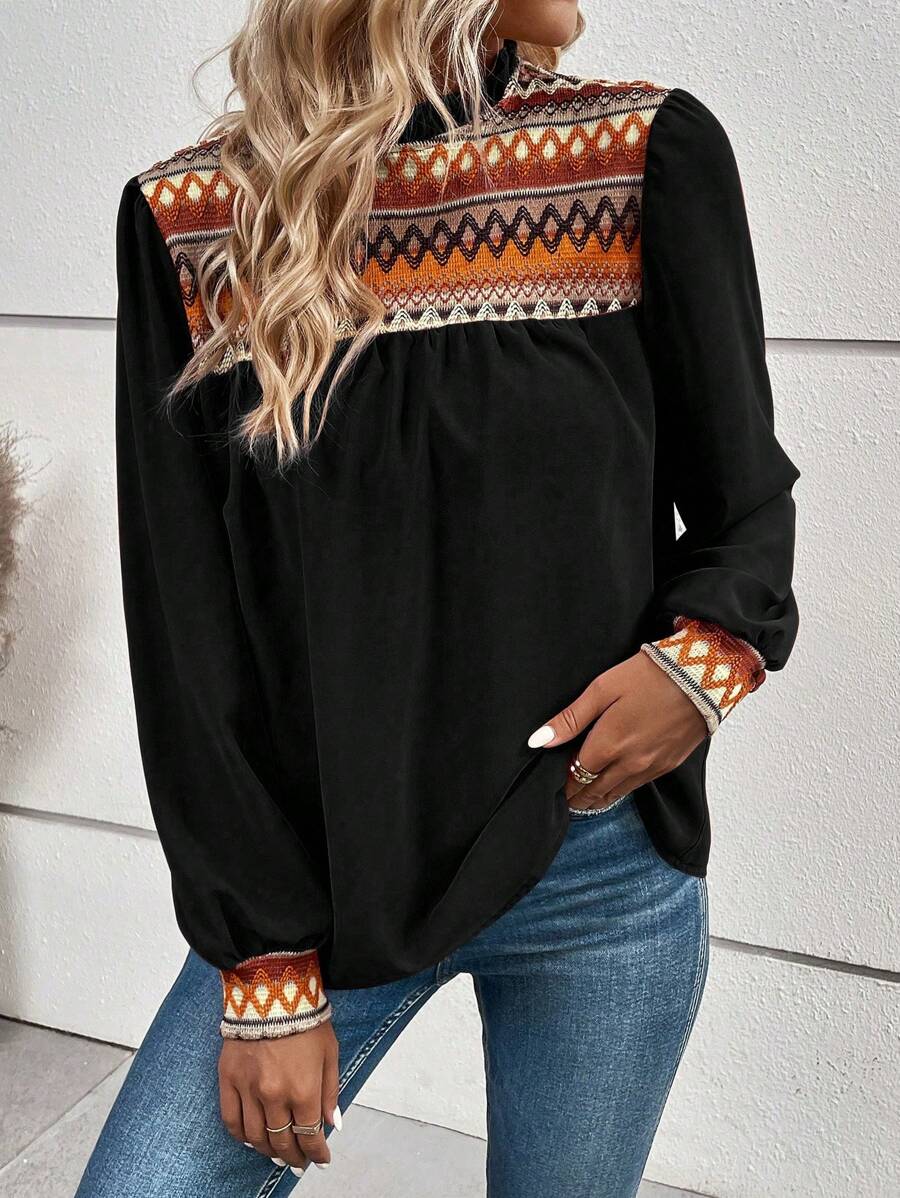 EMERY ROSE Tay áo lồng đèn Hoa văn kẻ sọc Áo sơ mi - màu đen - Xem 1