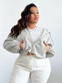 SHEIN SXY 大碼拉繩連帽短款運動衫 - 灰色 - 查看 5