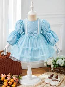 SHEIN Gorgeous, Elegant Bow Puff Sleeve Mesh Dress For Baby Girls, Suitable For Parties - Blue - View 1
