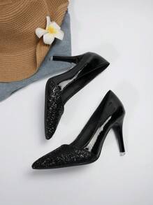 法式高跟鞋黑色金屬亮絲鞋適合女士,秋天新品上架尖頭,性感