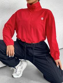 Flirla Hơn Chi tiết Patched thư Viền kéo ra Thả vai Áo khoác - Đỏ - Xem 6